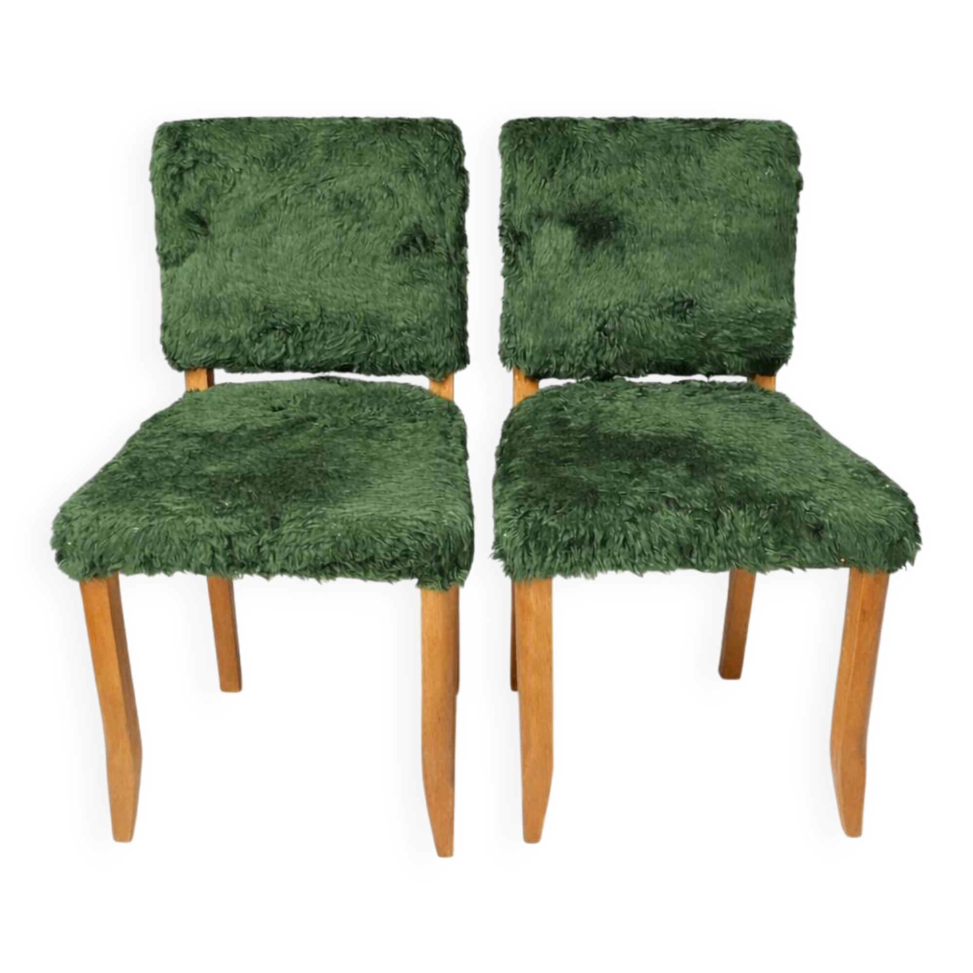 Pair of vintage wooden chairs with green fur effect upholstery – Year