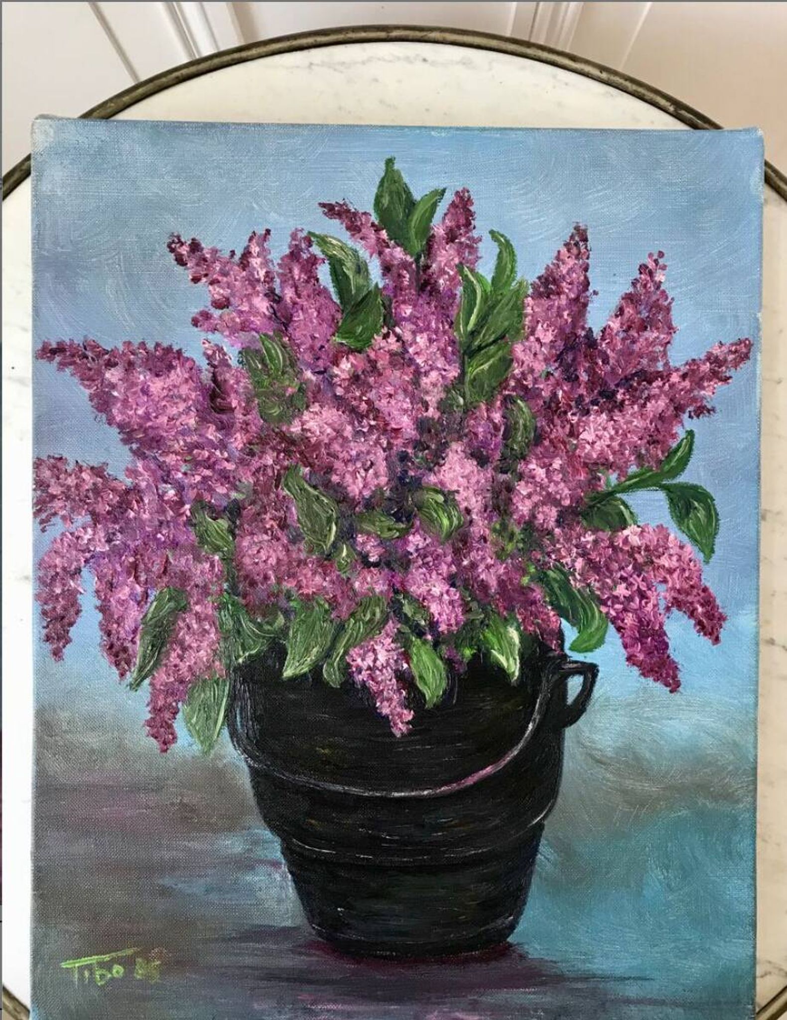 Oil painting on canvas bouquet of vintage lilac flowers signed