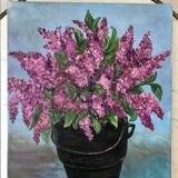 Oil painting on canvas bouquet of vintage lilac flowers signed