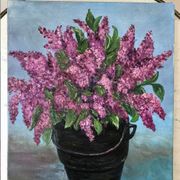 Oil painting on canvas bouquet of vintage lilac flowers signed