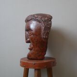Wooden sculpture ethnic man's head handcrafted tribal decorative object workshop