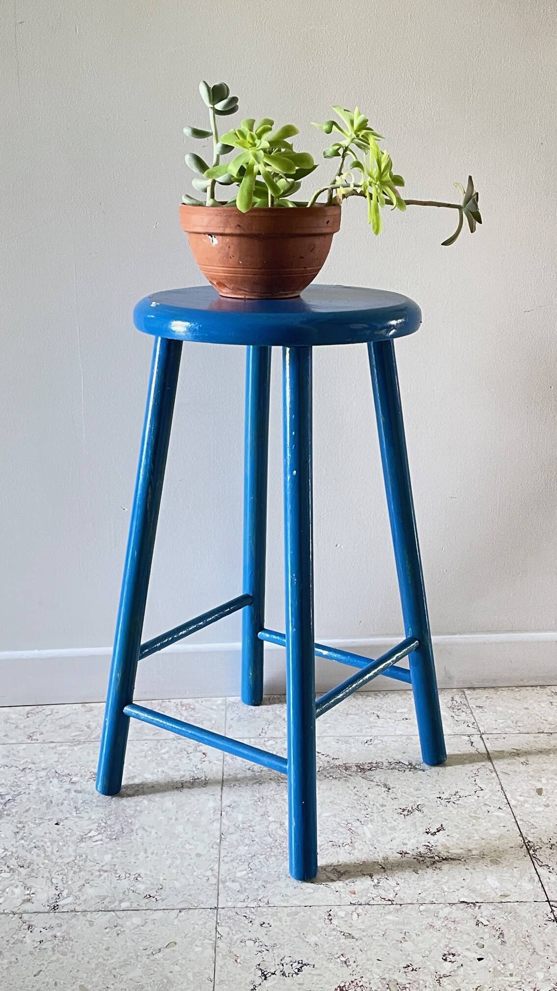 TABOURET Vintage Bois BLEU Electrique