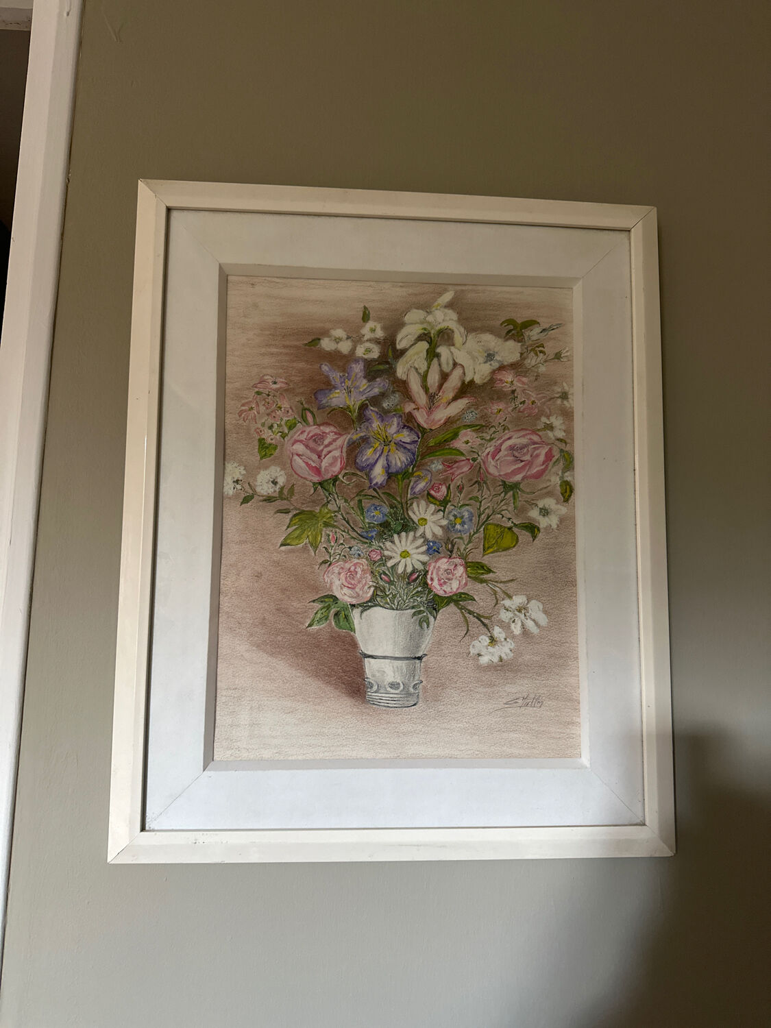 Pastel drawing "Garden Flower Bouquet" – White frame under glass