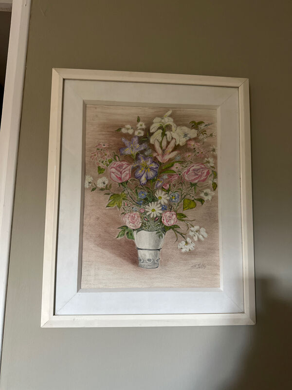 Dessin aux pastels ''Bouquet de fleurs de jardin'' – Cadre blanc sous ve