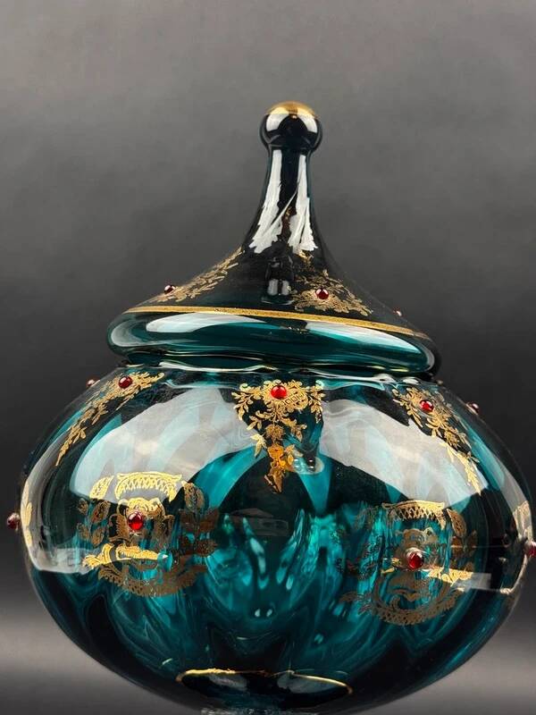 Decorative bowl in blue enamelled and gilded glass, red cabochons – height 32 cm