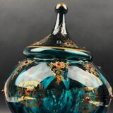 Decorative bowl in blue enamelled and gilded glass, red cabochons – height 32 cm