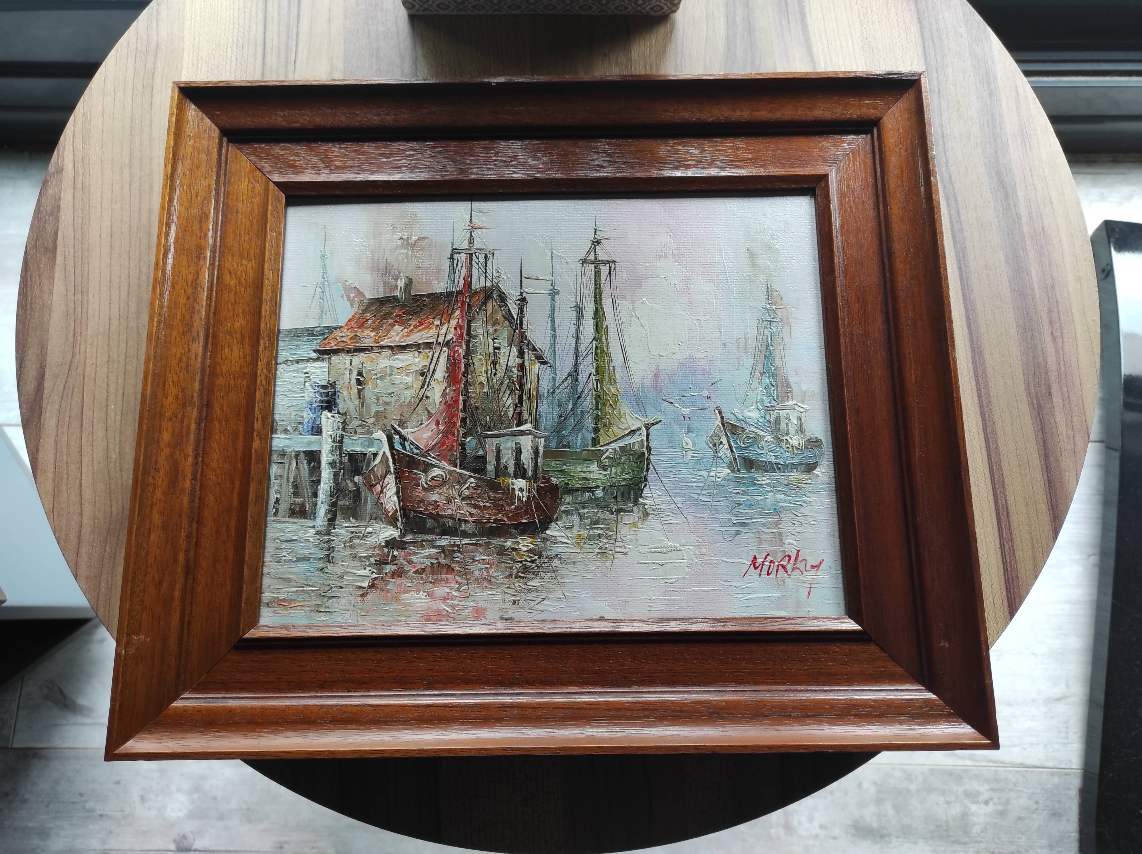 Oil painting on framed canvas seascape/boats/port signed Morlay