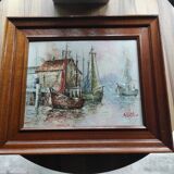 Peinture à l'huile sur toile encadrée paysage marin/bateaux/port signée Morlay