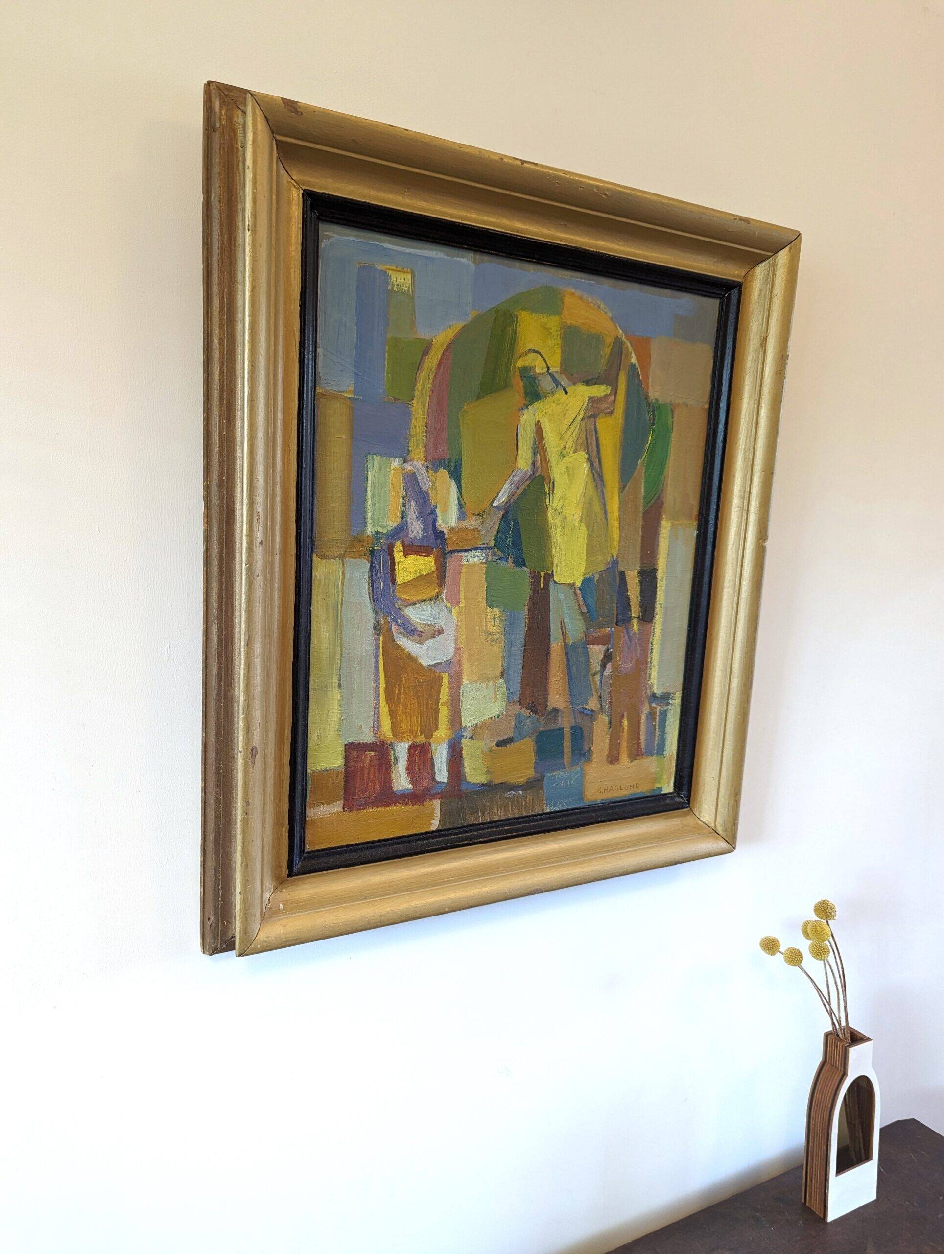 Mid-Century Modern Swedish "The Fruit Tree Pickers" Vintage Oil Painting, Framed