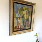 Mid-Century Modern Swedish "The Fruit Tree Pickers" Vintage Oil Painting, Framed