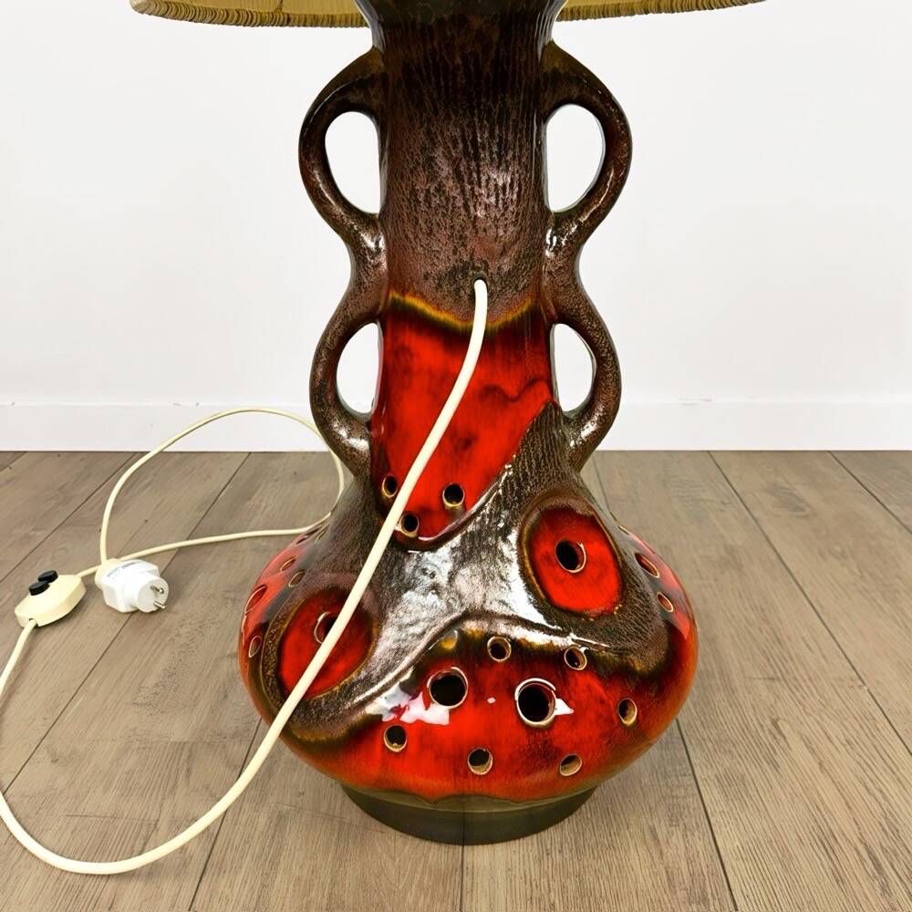 Orange ceramic sun lamp with jute fabric from the 1970s.