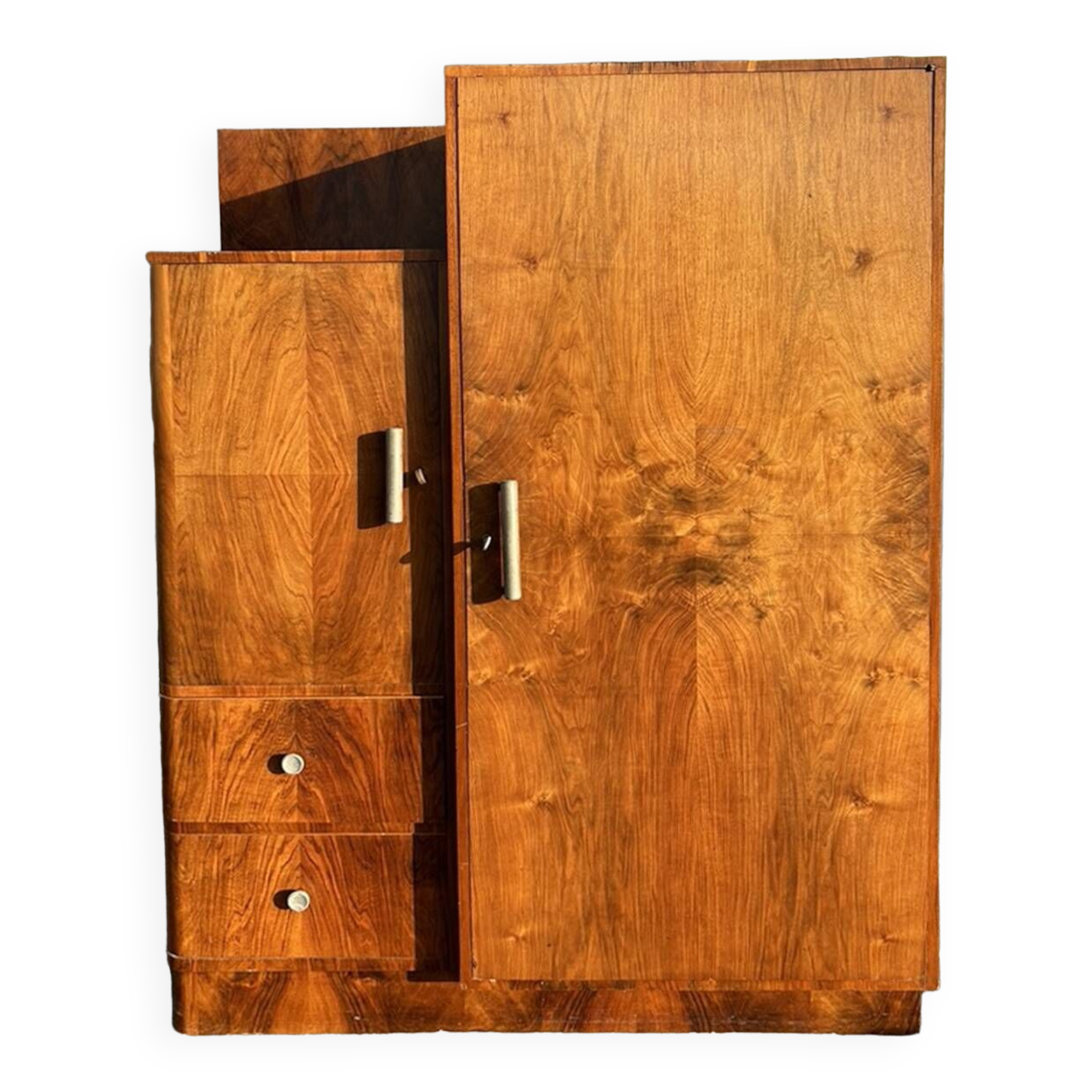 Asymmetrical wardrobe, Art Deco, 1930s walnut burl, wardrobe, shelves, drawers