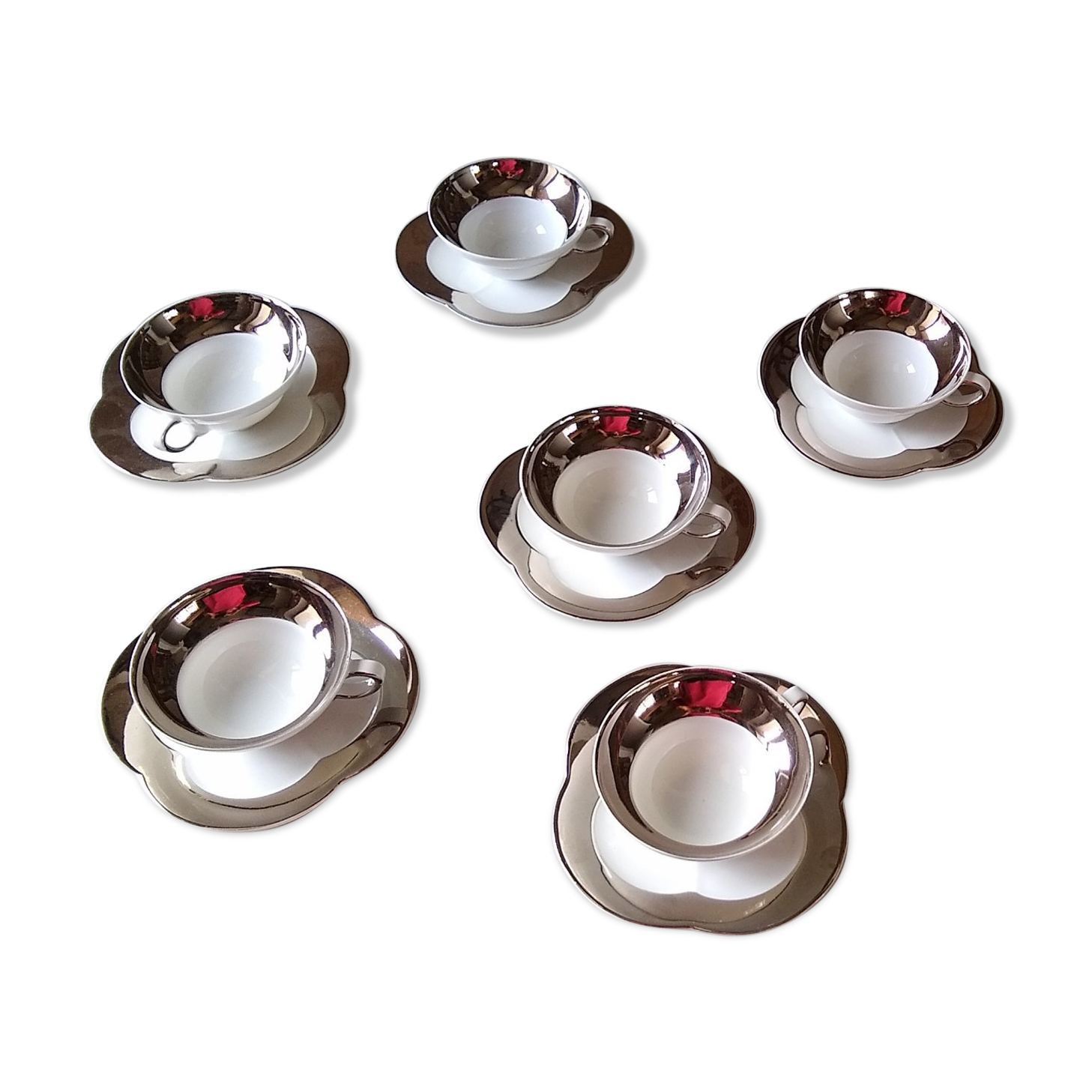 6 tea cups in fine porcelain Epiag white and gray moiré steel