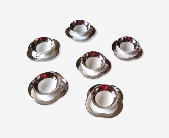6 tasses à thé en porcelaine fine Epiag blanche et gris acier moiré