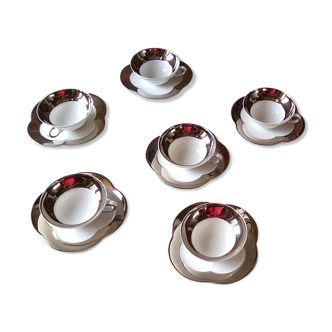 6 tea cups in fine porcelain Epiag white and gray moiré steel