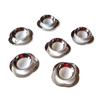6 tasses à thé en porcelaine fine Epiag blanche et gris acier moiré