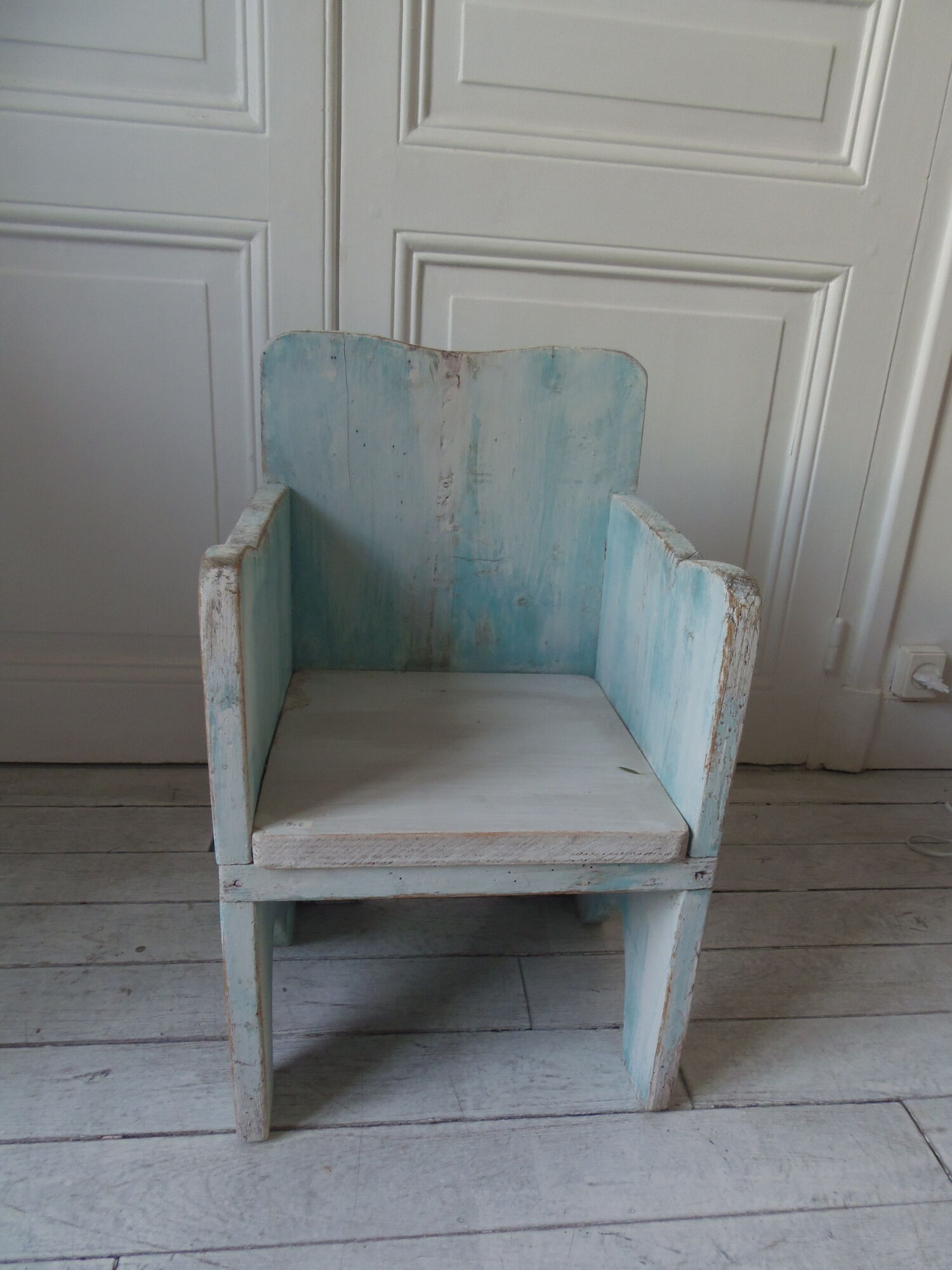 Vintage children's armchair in wood in its blue pearl grey juice, waxed finish