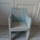 Vintage children's armchair in wood in its blue pearl grey juice, waxed finish
