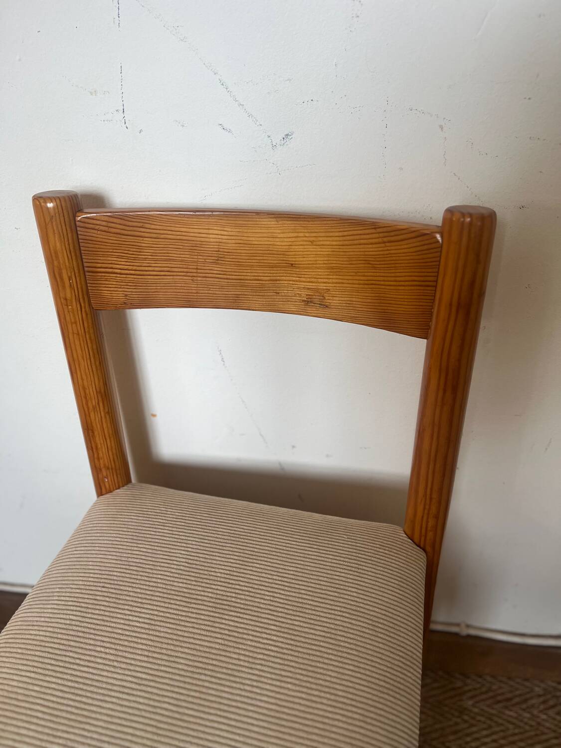 Vintage wooden chair with cream white corduroy seat