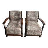 Pair of vintage armchairs with flowers and birds featuring twisted wood.