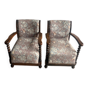 Pair of vintage armchairs with flowers and birds featuring twisted wood.