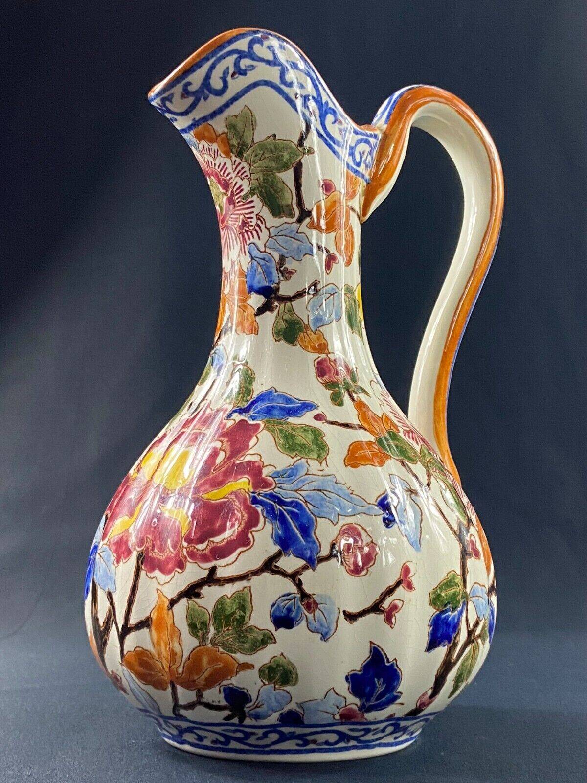 Large Gien earthenware ewer pitcher with Peonies decor