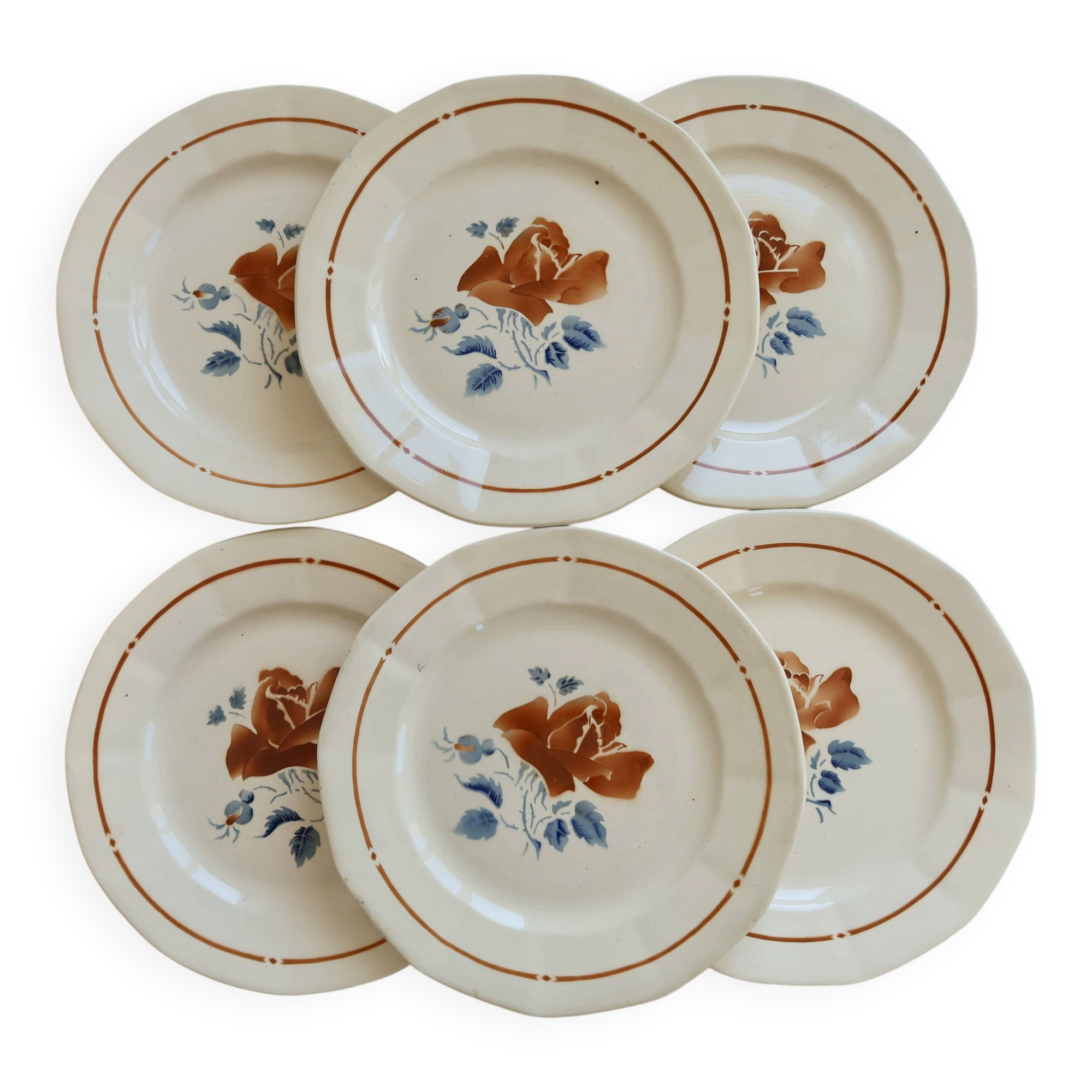6 vintage flat plates from Sarreguemines - Rose pattern