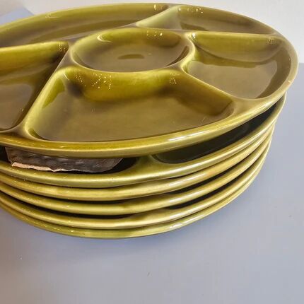 Set of 6 Gien green earthenware compartment plates with original box - Fondue & stone grill