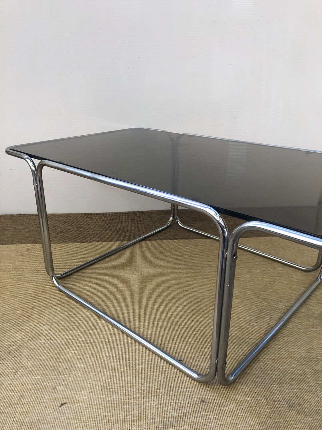 Coffee table in smoked glass and chrome 1970