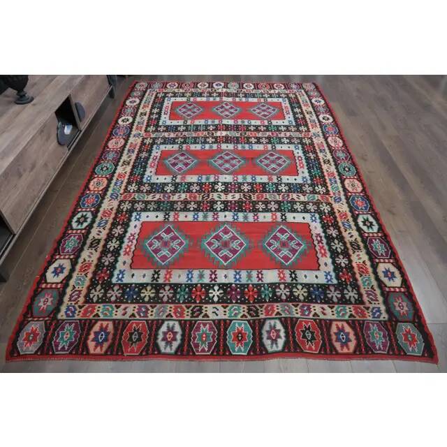 1970s Vintage Turkish Hand-Knotted Wool Cotton Red Area Rug 207x311