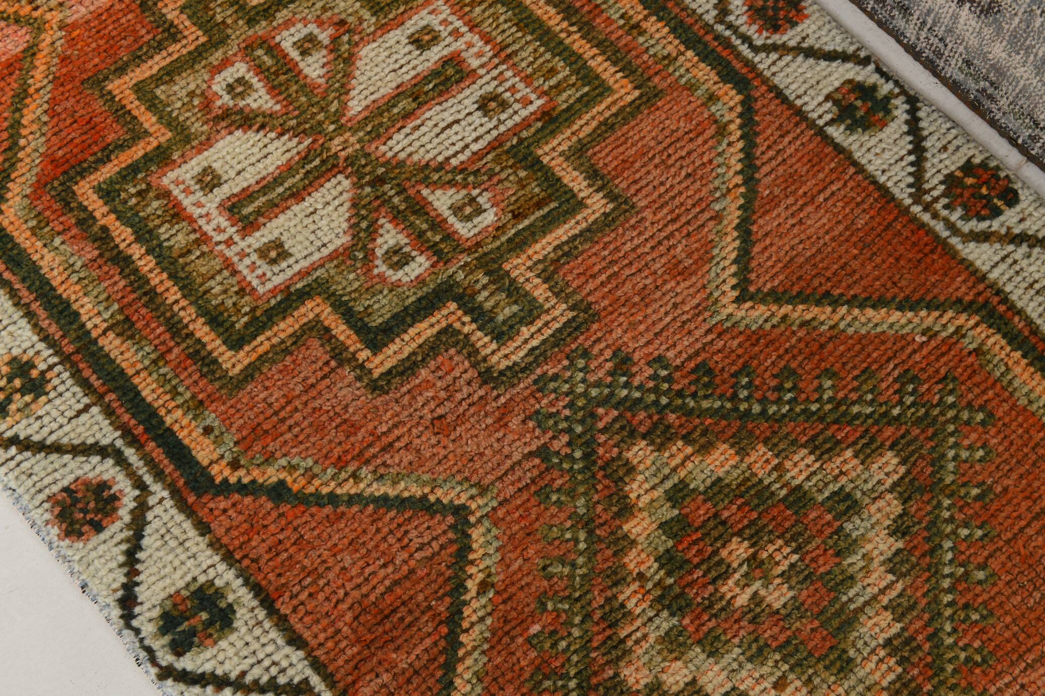 Brick Red Geometric Style Turkish Oushak Runner Rug, 90x340 Cm