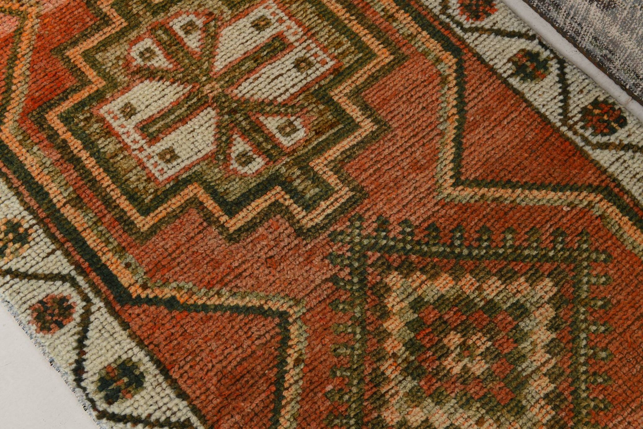 Brick Red Geometric Style Turkish Oushak Runner Rug, 90x340 Cm