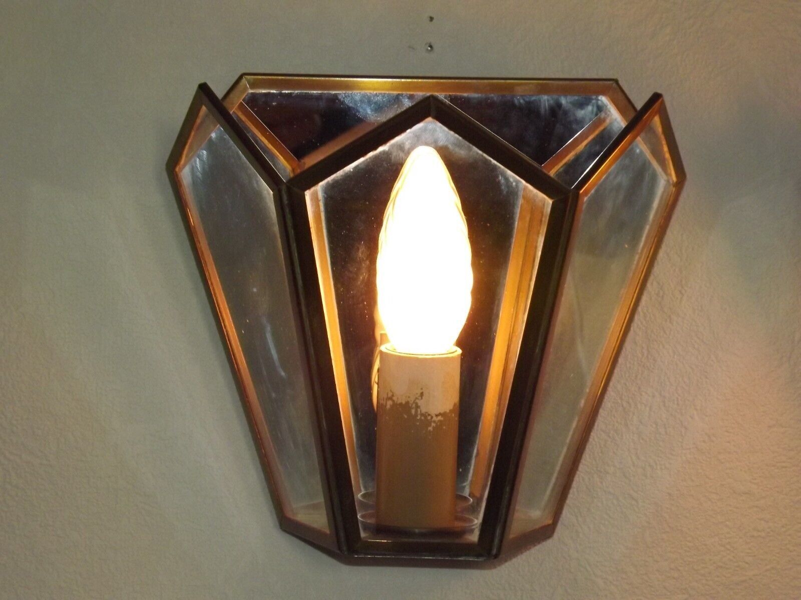 Matching pair french mid century copper & glass single light wall lanterns 3915