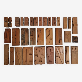 Set of old blond wooden printing letters, 13 cm