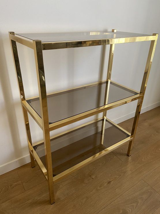 VINTAGE SHELF CONSOLE IN GOLD METAL AND SMOKED GLASS