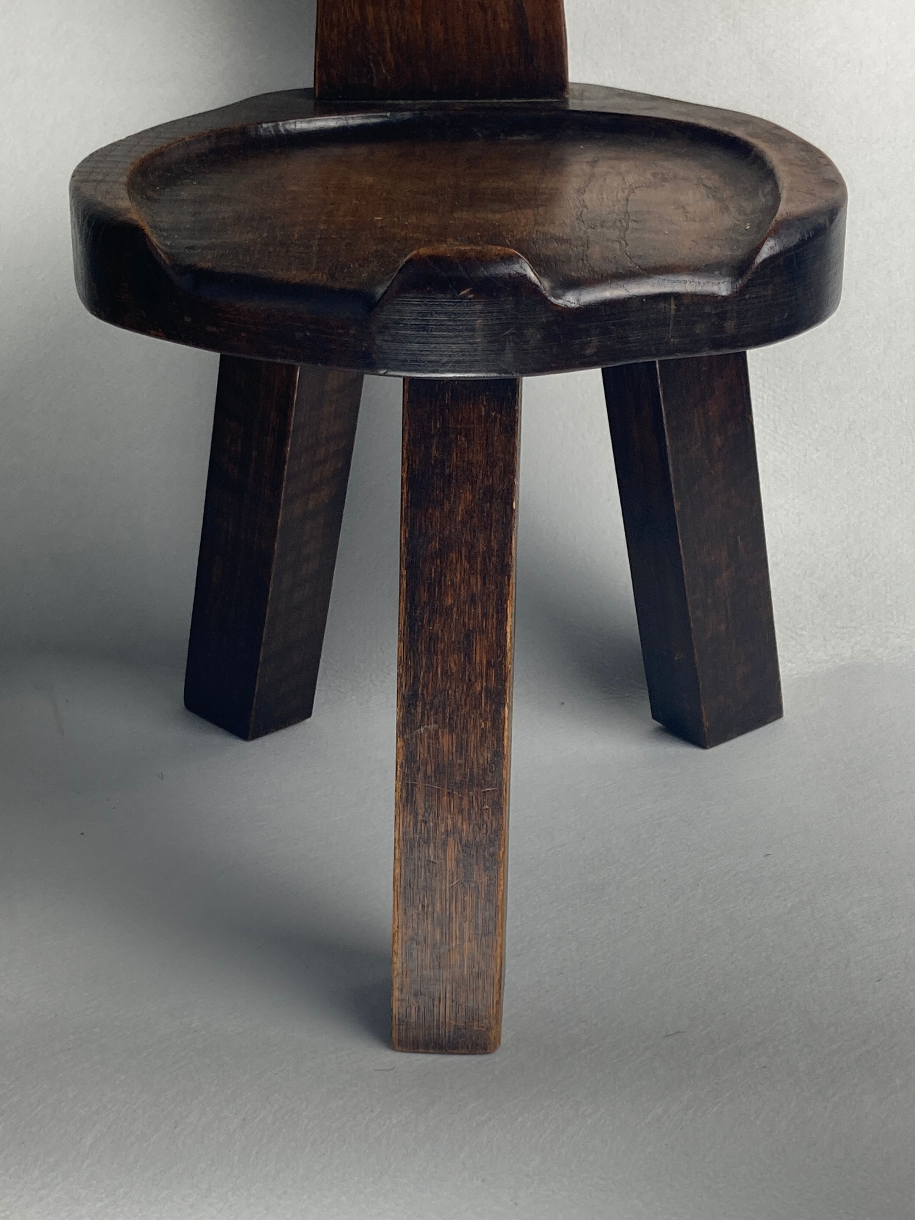 Sculptural oak brutalist chunky tripod stool, ca 1960s