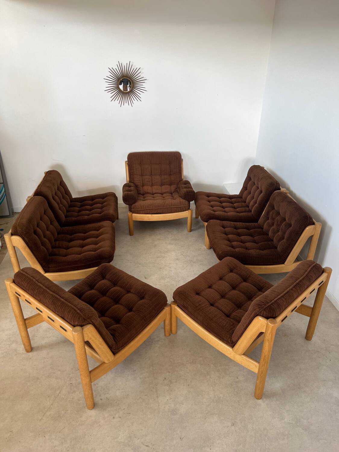 Old modular living room 7 armchairs and vintage Scandinavian design coffee table from the 60s