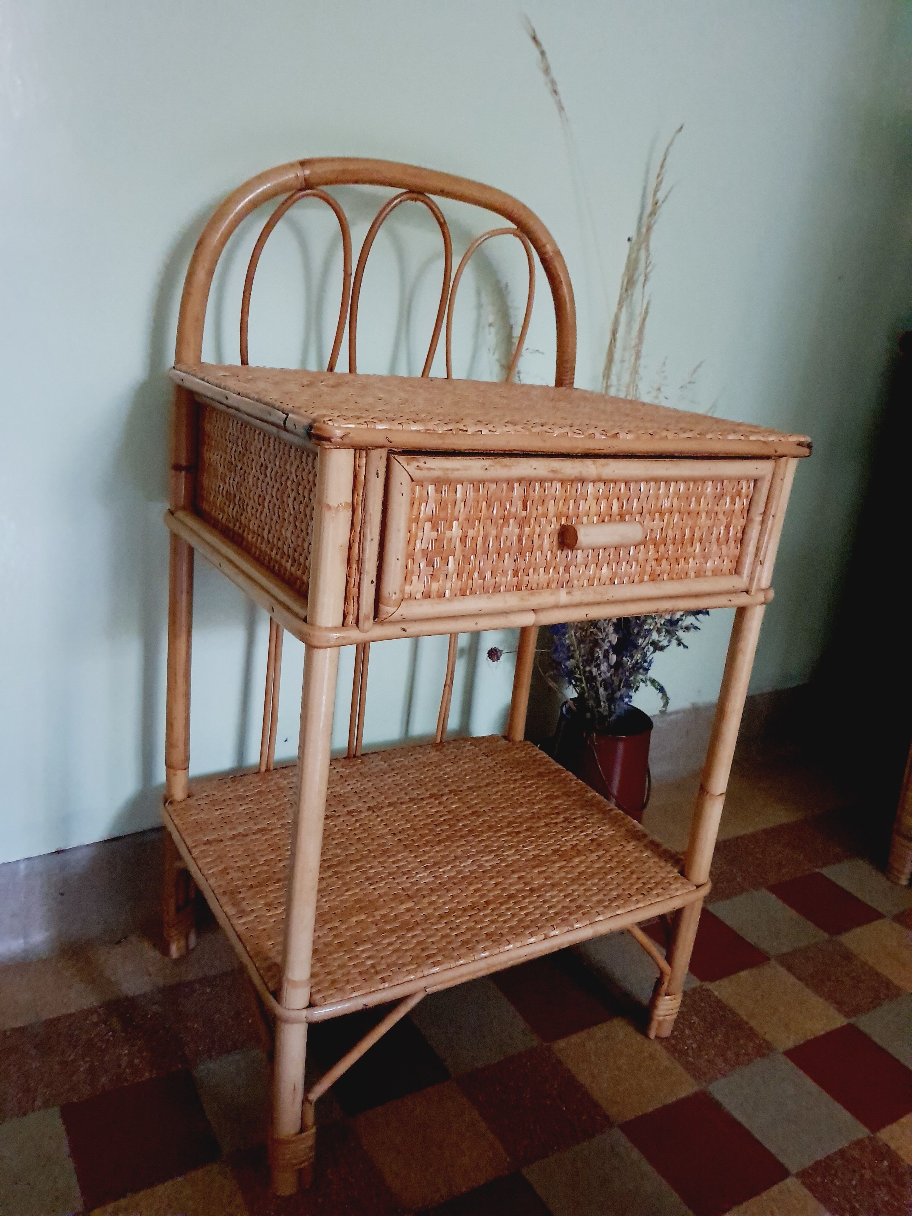 60' vintage rattan bedside table