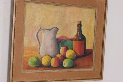 Swedish Oil on Board “Still Life with Jug,Bottle and Fruit” By CW Framed 60×51cm