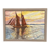 Huile su panneau suédoise "Bateau à voile" par Sven Otto Lindström Vintage et encadrée