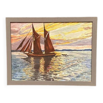 Swedish Oil on Panel"Sailing Boat" by Sven Otto Lindström Vintage & Framed