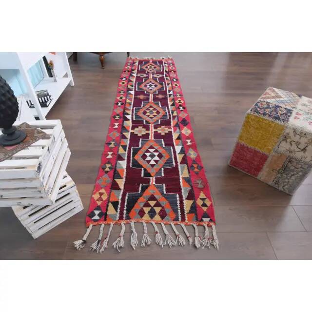 1970s Vintage Turkish Hand-Knotted Wool Cotton Purple Runner Rug 83x310
