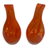 Paire de vases vintage en verre soufflé orange – style Murano – années