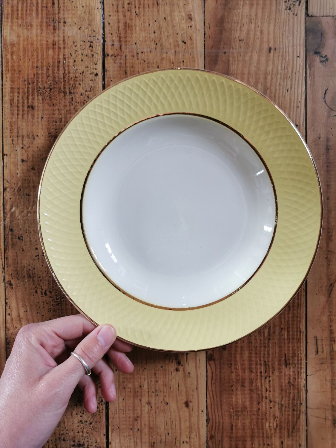 Vintage mismatched hollow plates mint & yellow