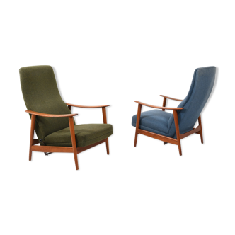 Pair of mid century Danish reclining lounge chairs in teak