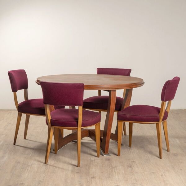 Chaises Art Déco en soie violette par Jules Leleu, set de 4