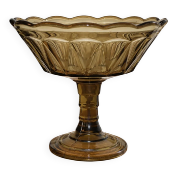 Coupe sur pied vintage en verre fumé – Compotier à bord festonné – Ø 23 cm