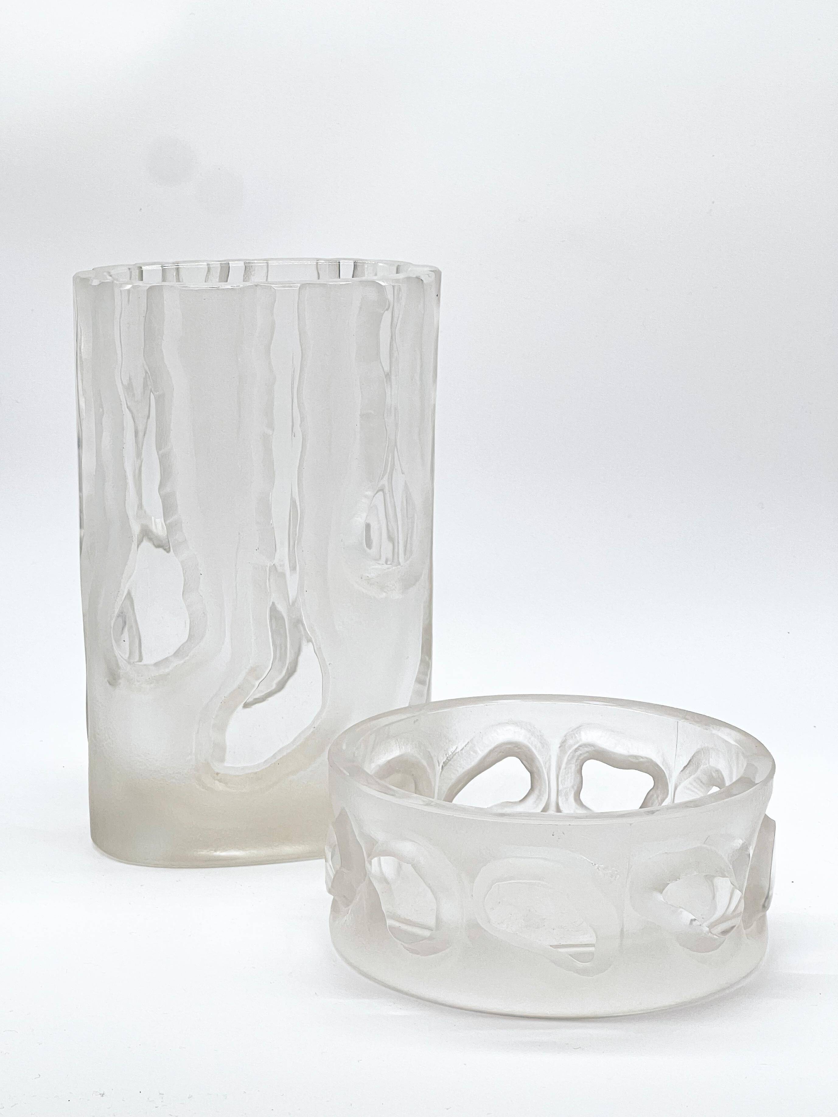 Set of Two Vintage Matching Glass, Tall Vase and Low Bowl, Engraved Decorations