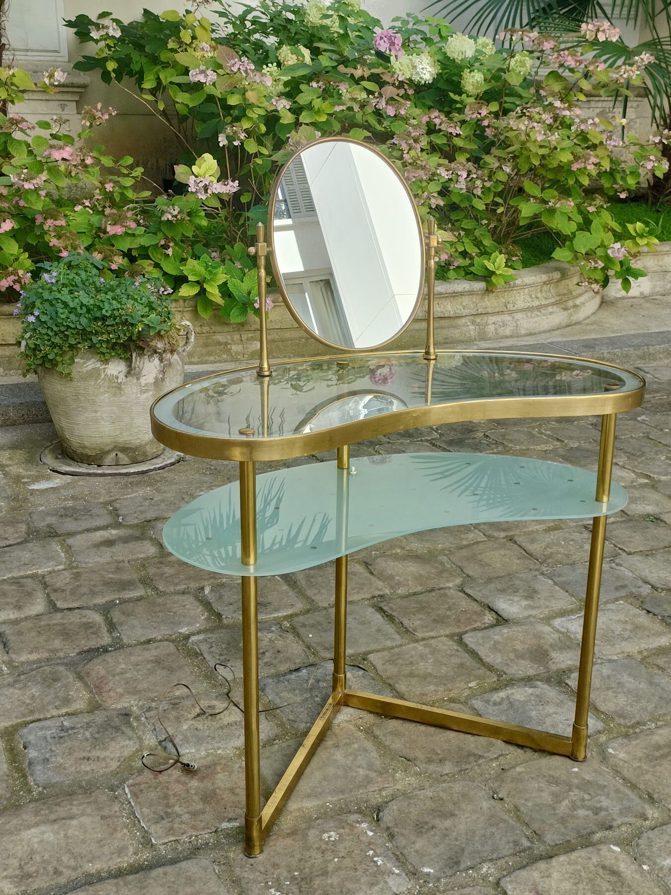 Brass and glass dressing table, with mirror, lighting and steering wheel, by Luigi Brusotti - 1940