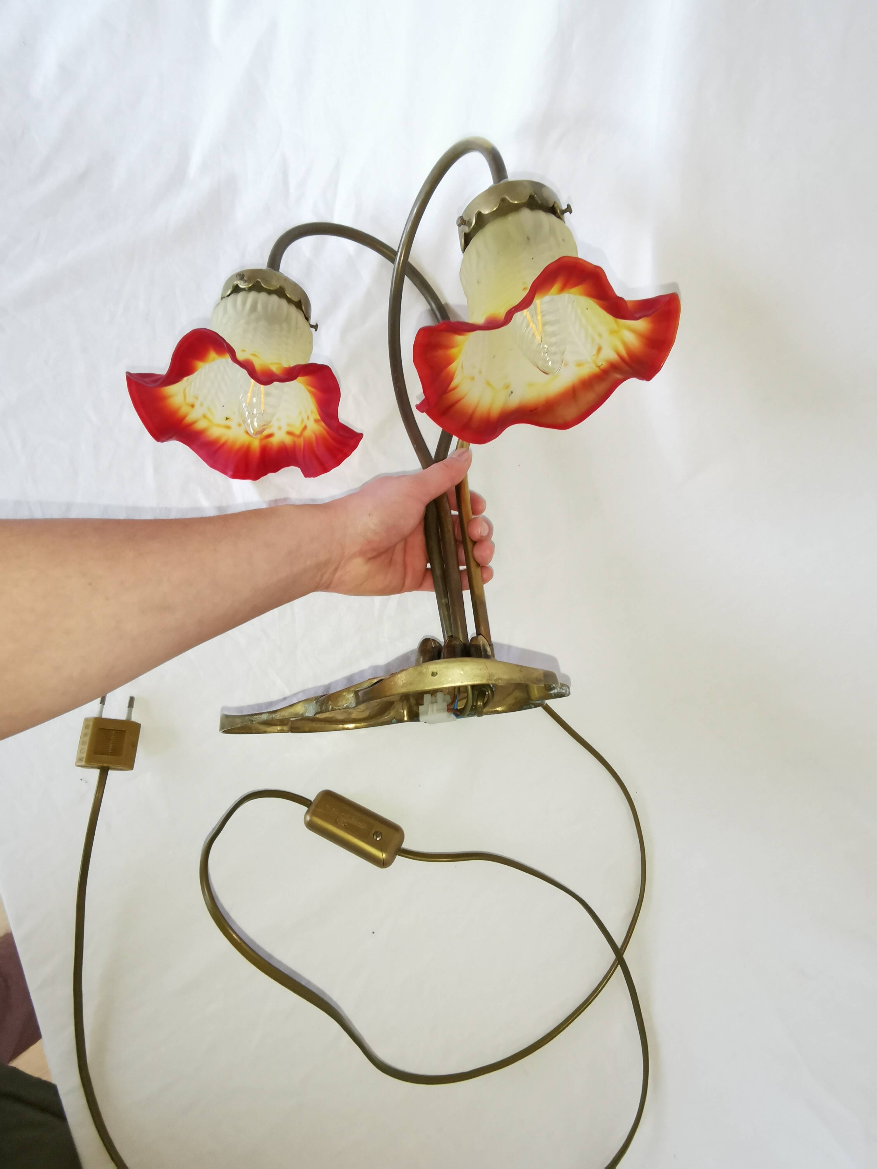 Brass water lily lamp and glass paste tulip, double, art nouveau style.